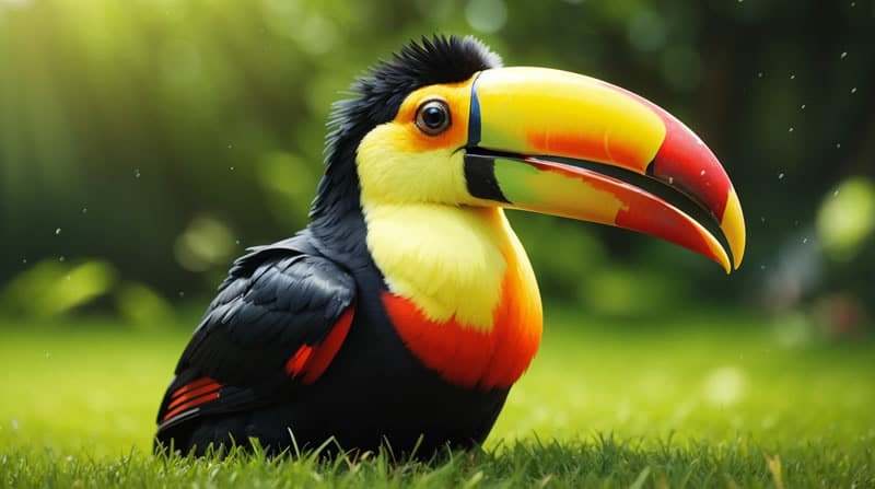 bird smiling and sitting on grass