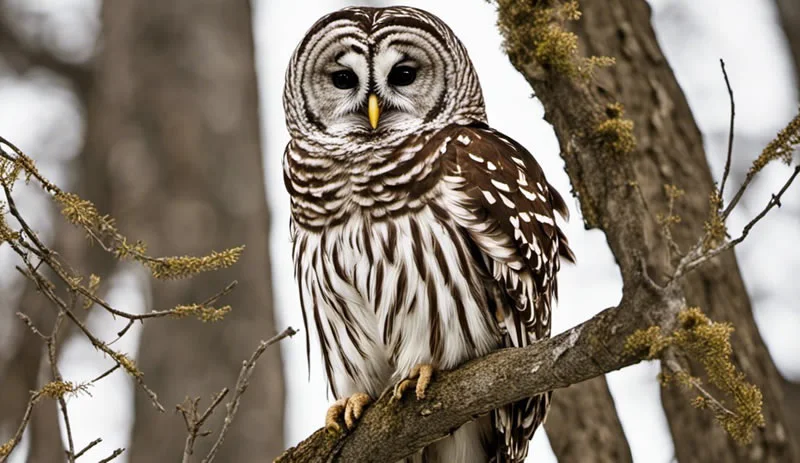focused and sharp barred owl in a forest